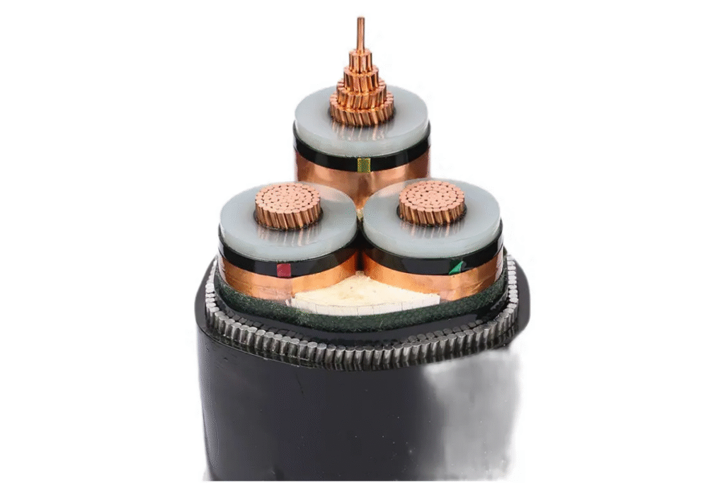 Câble avec isolation XLPE, armure en fils d’acier épais et gaine en PVC